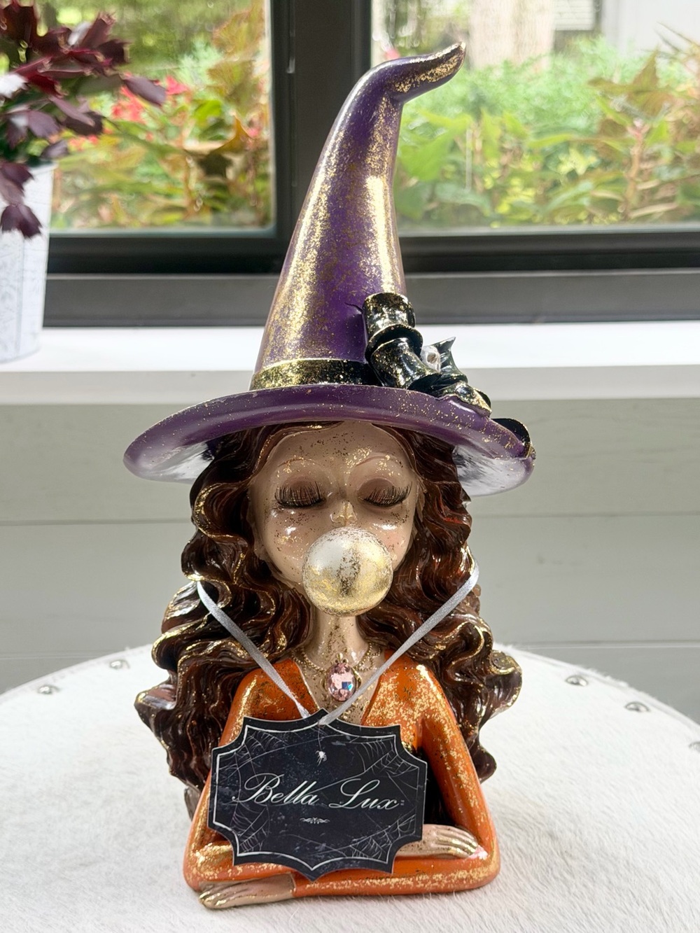 Bella Lux Halloween Witch Bust Figurine 12” Eyelash Bubble Gum Purple Orange NWT